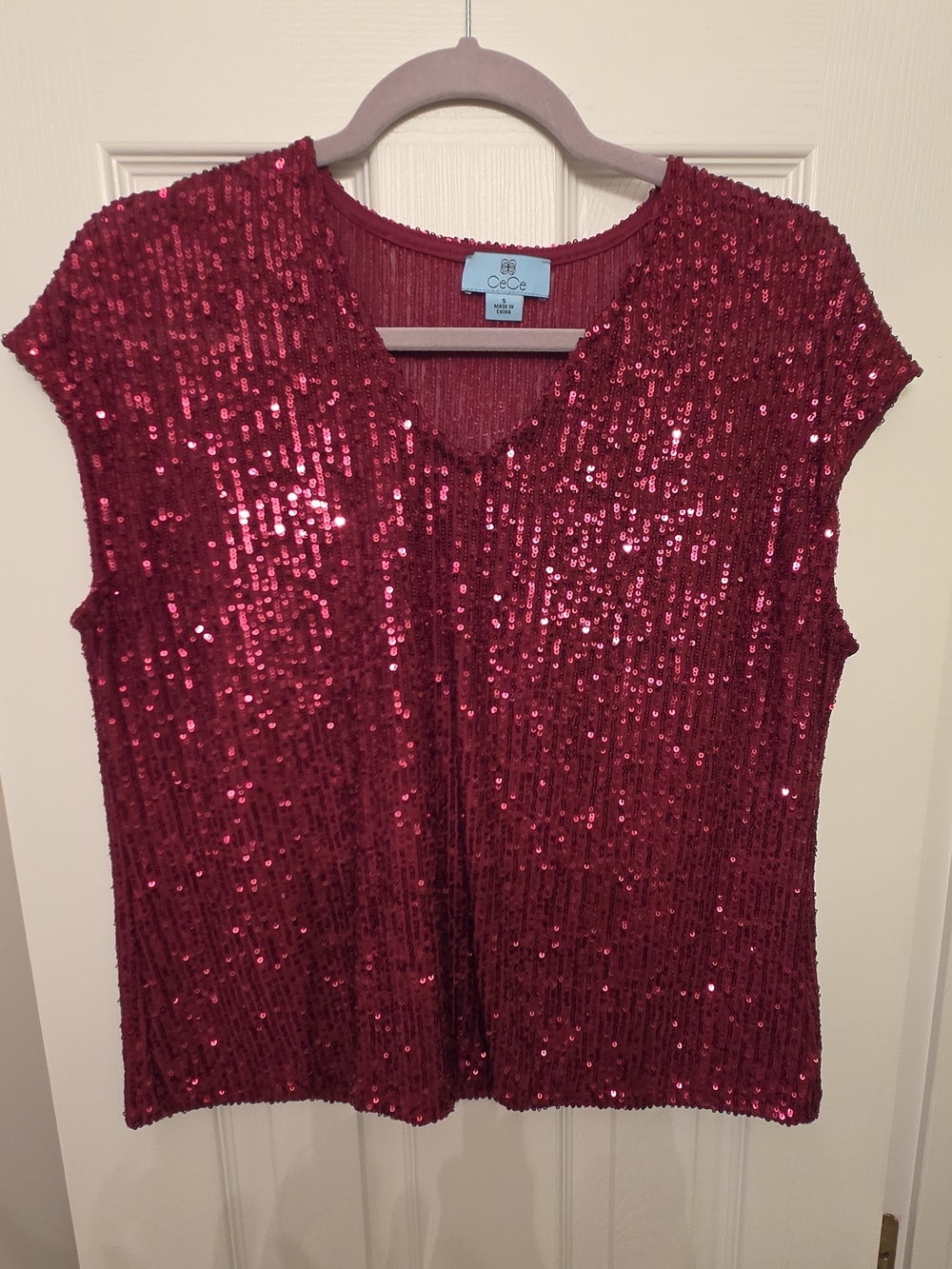 CeCe Ruby Red Sequin V-Neck Cap-Sleeve Top